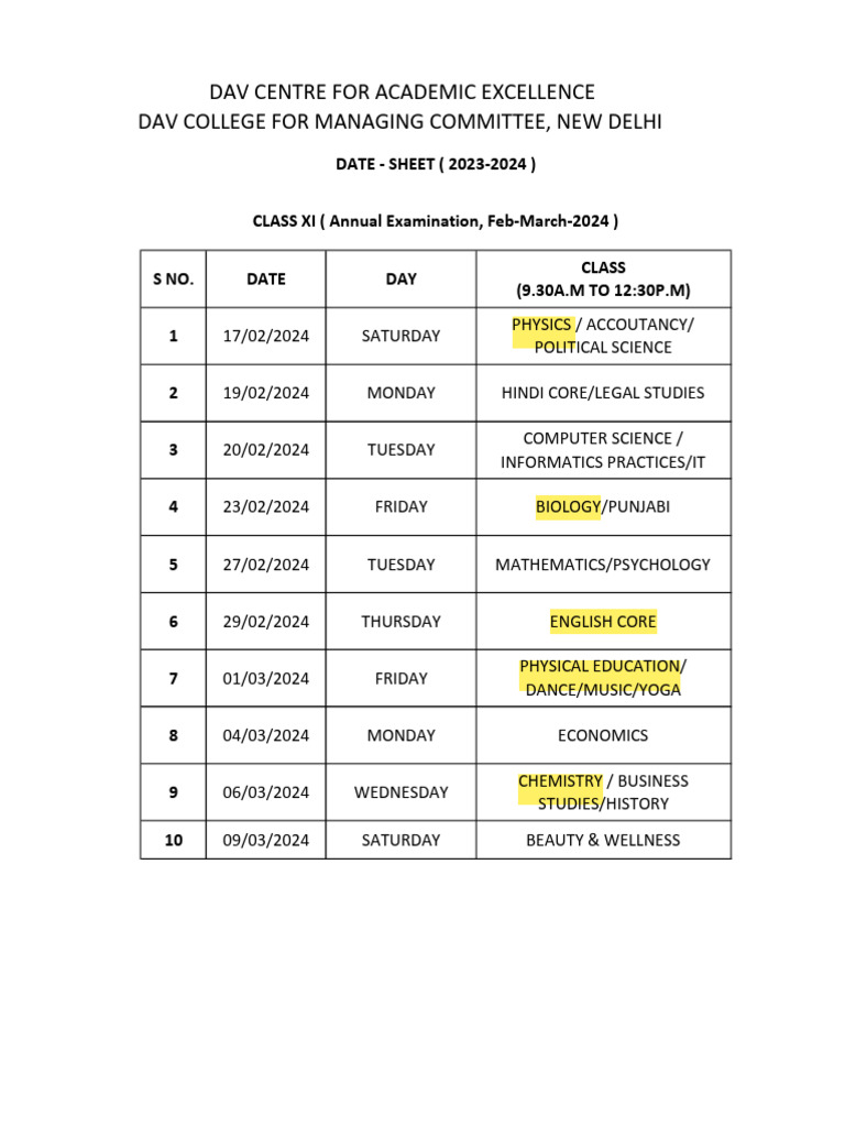 Class XI Final Date Sheet | PDF