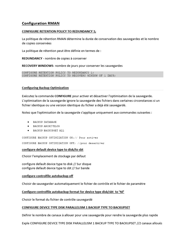 Configuration de la politique RMAN | PDF | Sauvegarde (informatique ...