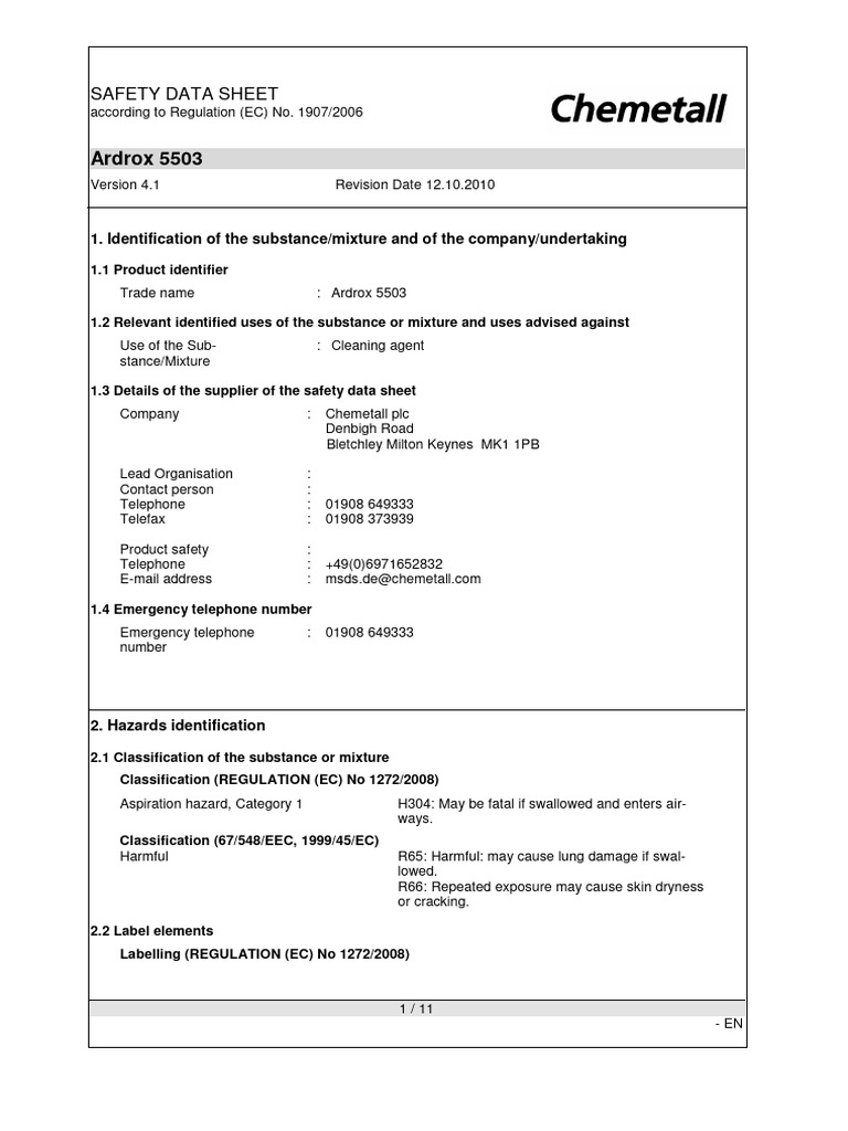Ardrox 5503 Safety Data Sheet | PDF | Dangerous Goods | Safety