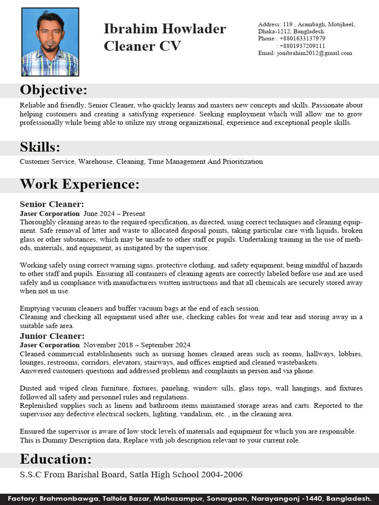 Senior Cleaner CV for Ibrahim Howlader | PDF | Vacuum Cleaner | Safety
