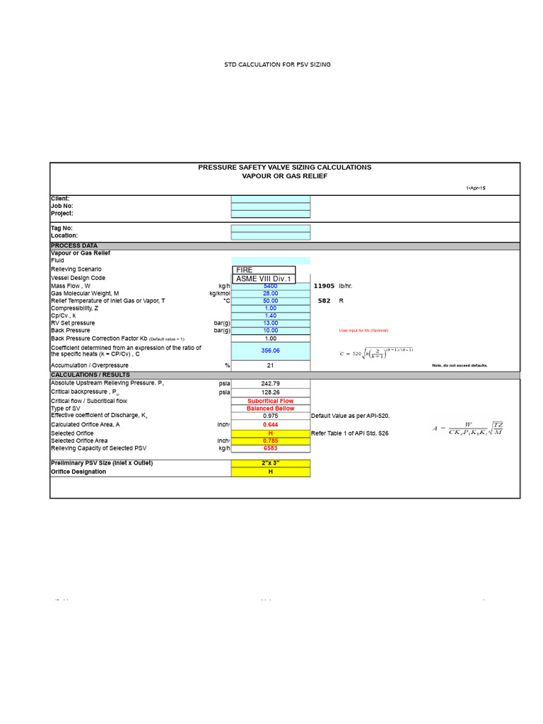PSV Sizing Calculation Guide | PDF | Pressure | Gases