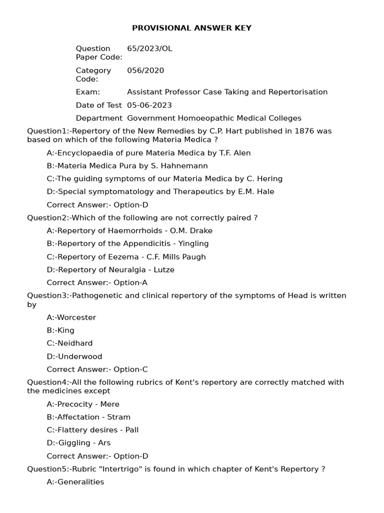 Assistant Professor Exam Answer Key 2023 | PDF | Homeopathy | Medicine