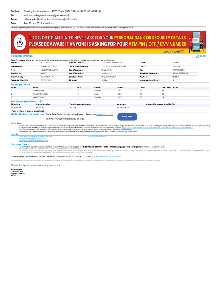 Yahoo Mail Document - Booking Confirmation On IRCTC, Train - 18242, 28 ...