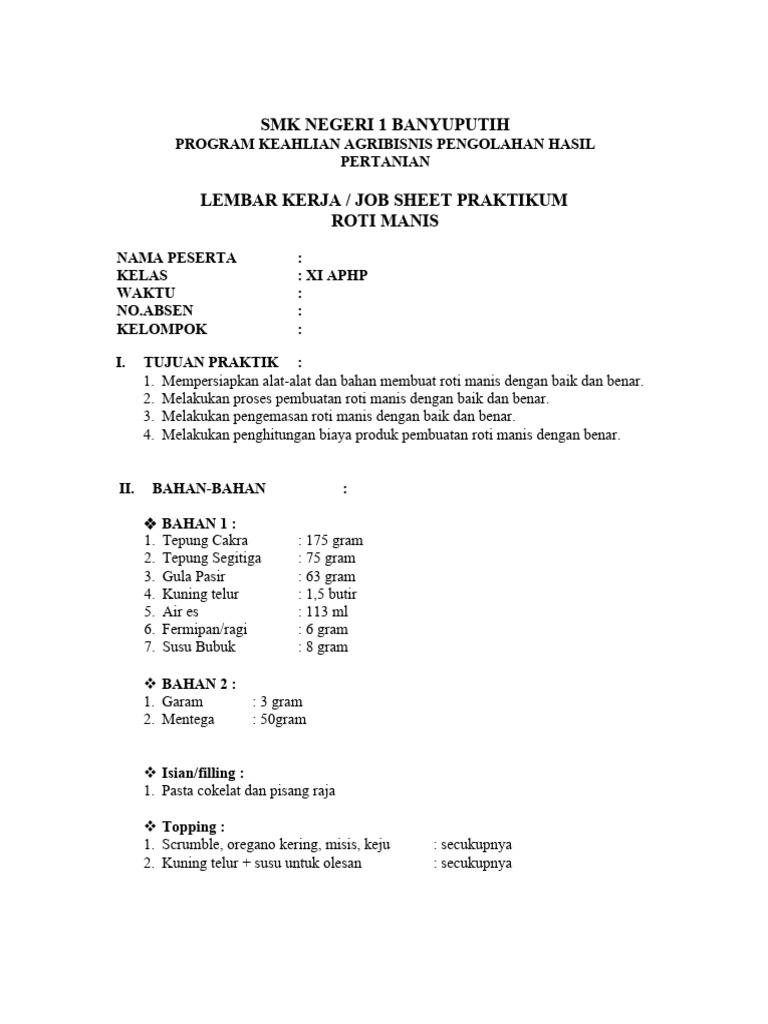 Praktikum Roti Manis SMK Agribisnis | PDF