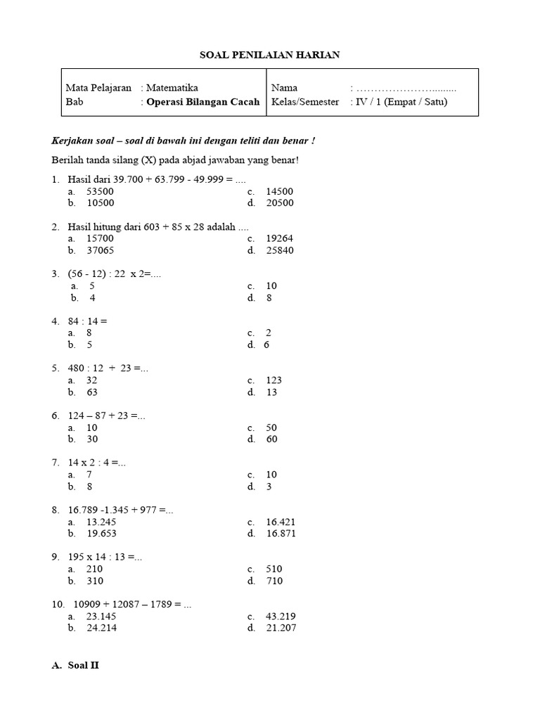 Soal Matematika Kelas 4 tentang Bilangan Cacah | PDF