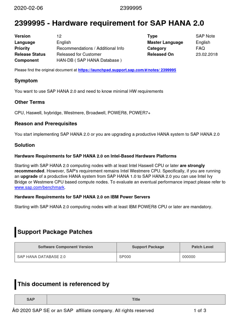 2399995 Hardware requirement for SAP HANA 2.0 Download Free PDF