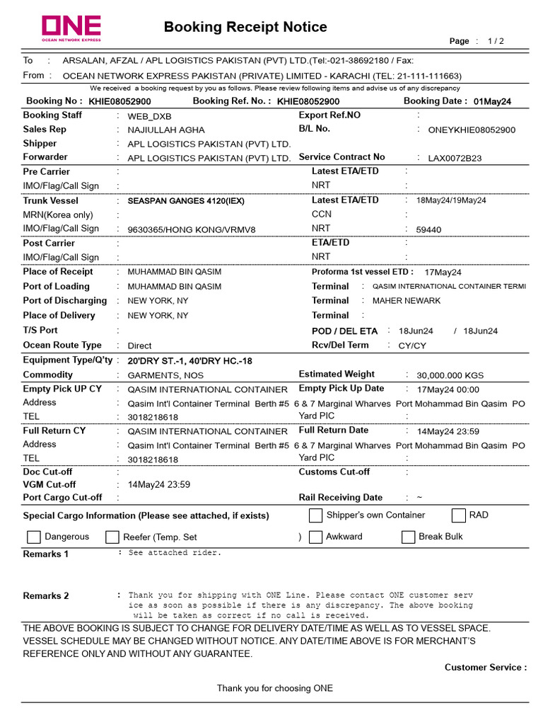 Booking Confirmation for KHIE08052900 | PDF | Cargo | Transport
