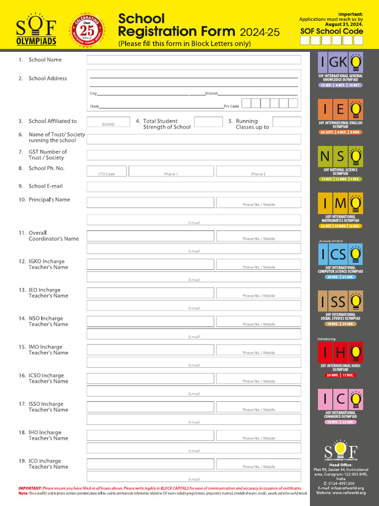 Sof School Registration Form SRF For Schools in India | PDF