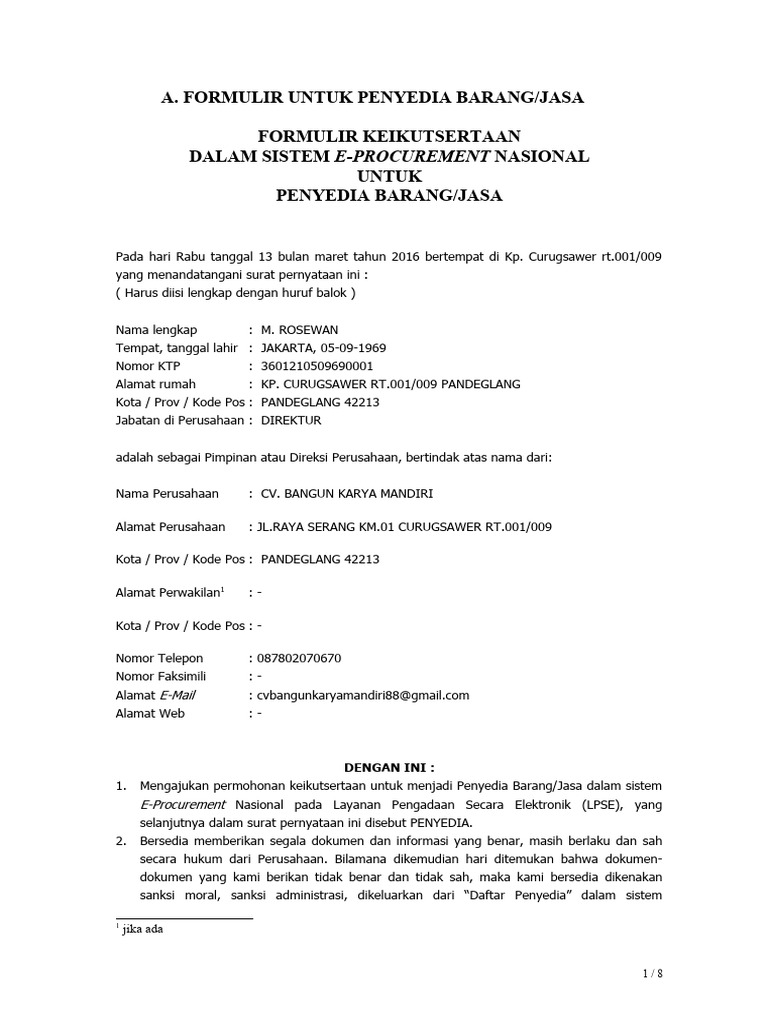 Formulir LPSE PERMOHONAN | PDF