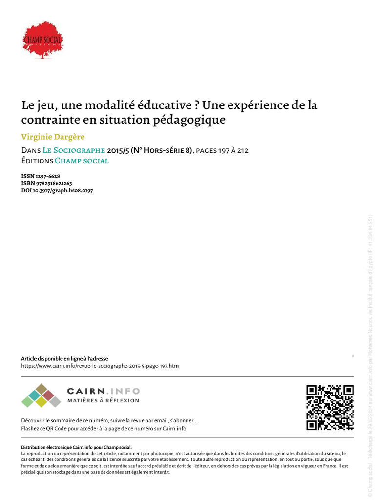Le jeu comme modalité éducative | PDF | Pédagogie | Expérience