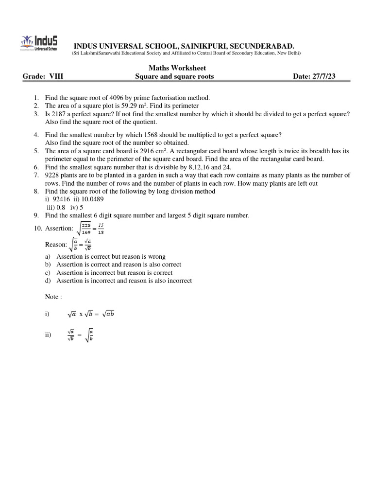 Grade 8 Maths: Square Roots Worksheet | PDF