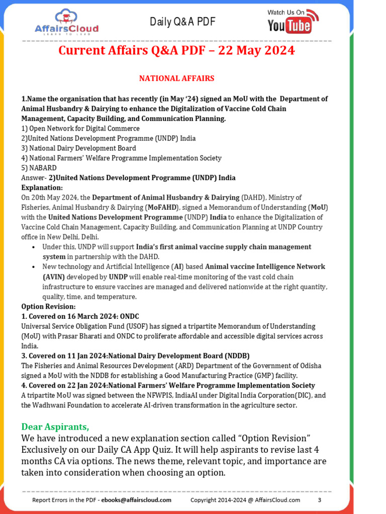 Current Affairs Q&A PDF May 22 2024 by Affairscloud 1 | PDF | Water ...