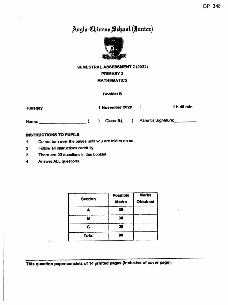 2022 P3 Maths SA2 ACSJ (Booklet B) | PDF