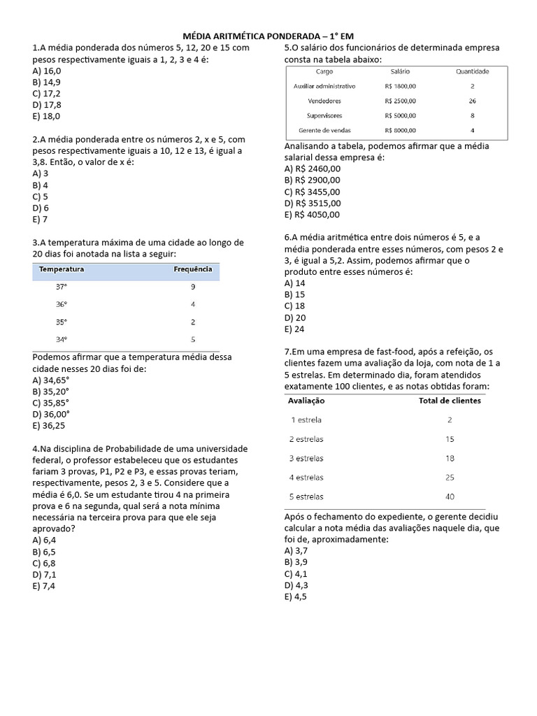 Exercícios de Média Ponderada e Aritmética | PDF | Média