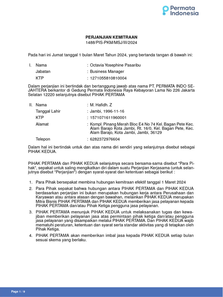 Perjanjian Kemitraan PT Permata Indo Sejahtera | PDF