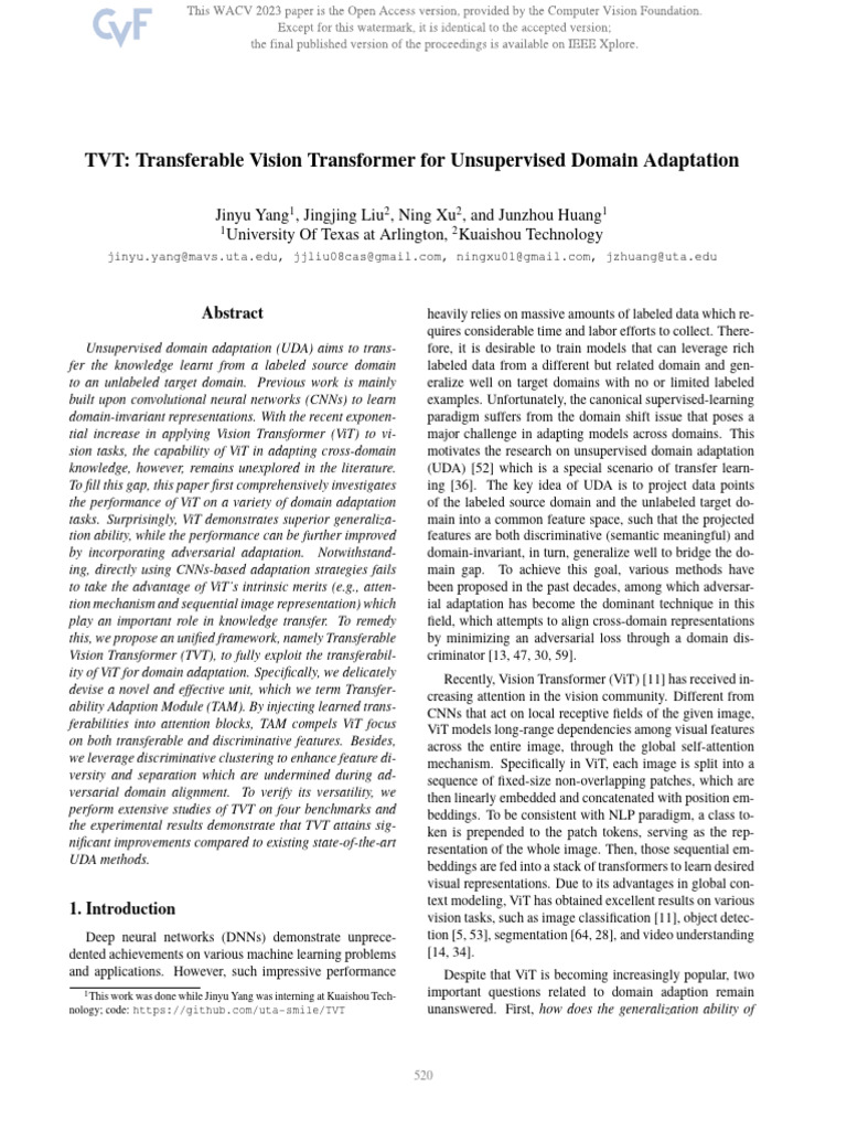 Yang tvt transferable vision transformer for unsupervised domain