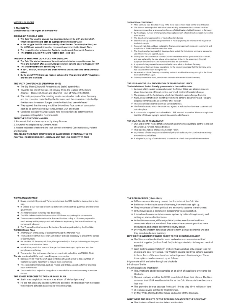 HISTORY P1 notes grade 12 | PDF | Cold War | Soviet Union