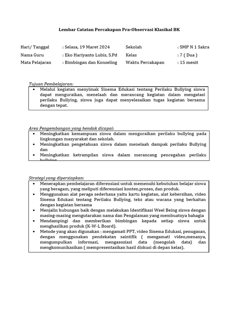 Contoh Laporan Observasi Klasikal BK Teman Sejawat | PDF