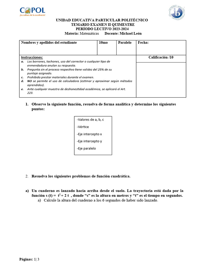 Temario Examen II Matemáticas 10mo 2023-2024 | PDF | Funciones ...