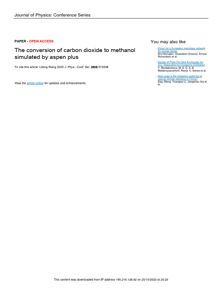 CO2 to Methanol Conversion Simulation | PDF | Carbon Dioxide | Methanol