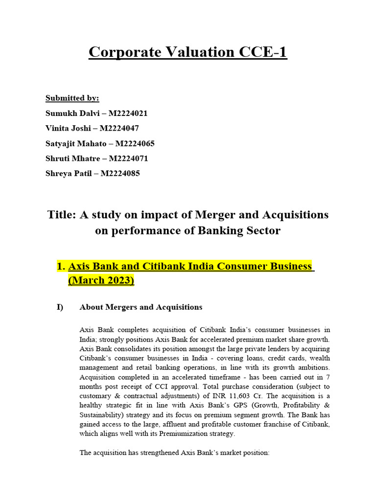 A Study On Impact of Merger and Acquisitions On Performance of Banking ...