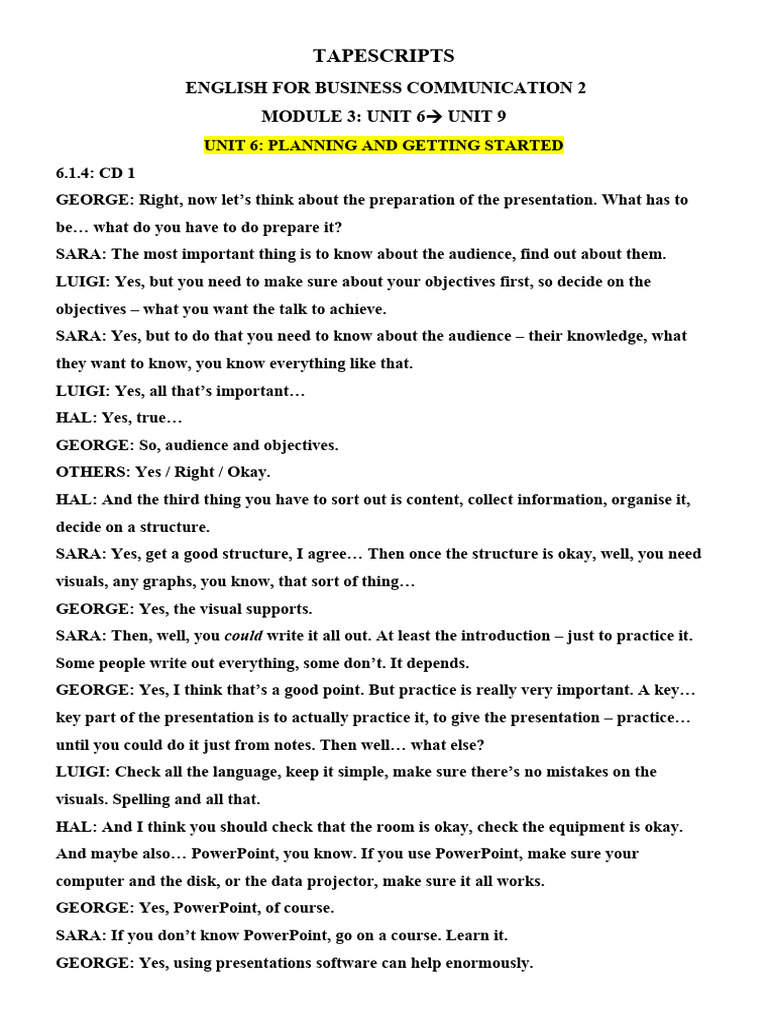 English For Business Communication - TAPESCRIPT.U6-U9. STUDENT | PDF ...