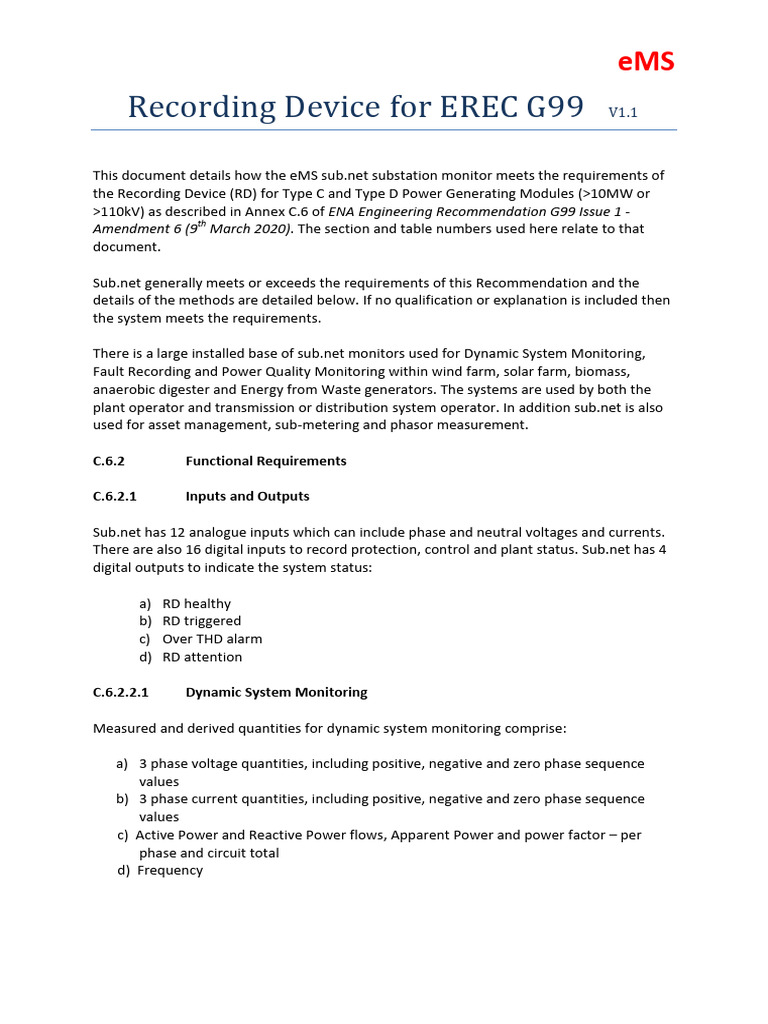 eMS Recording Device for ENA G99 Compliance | PDF | Ac Power ...