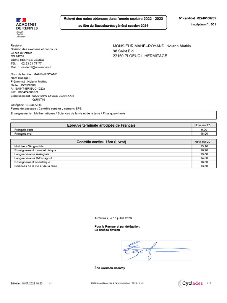 Relevé de notes Bac 2024 de Nolann Mathis | PDF | Écoles | Qualifications
