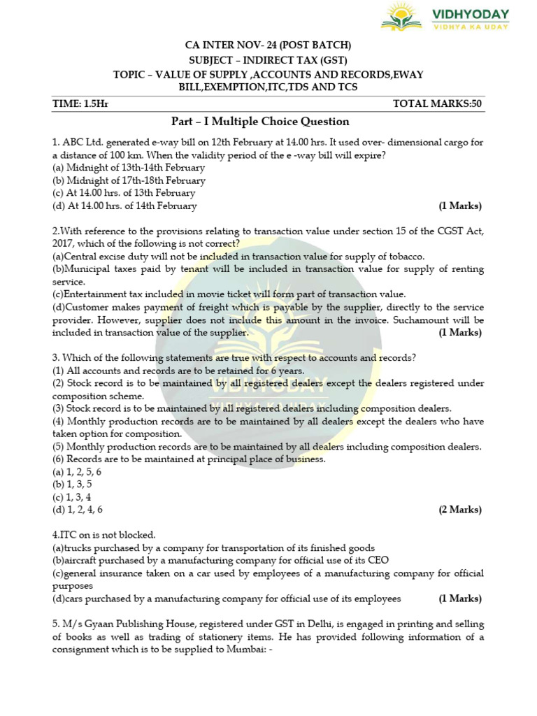 Indirect Tax GST Exam Guide Nov 2024 | PDF | Taxes | Government Finances