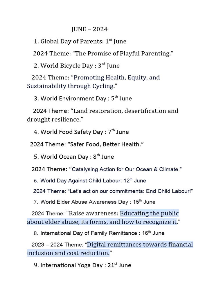 Important Days in June 2024 | PDF | Sustainability
