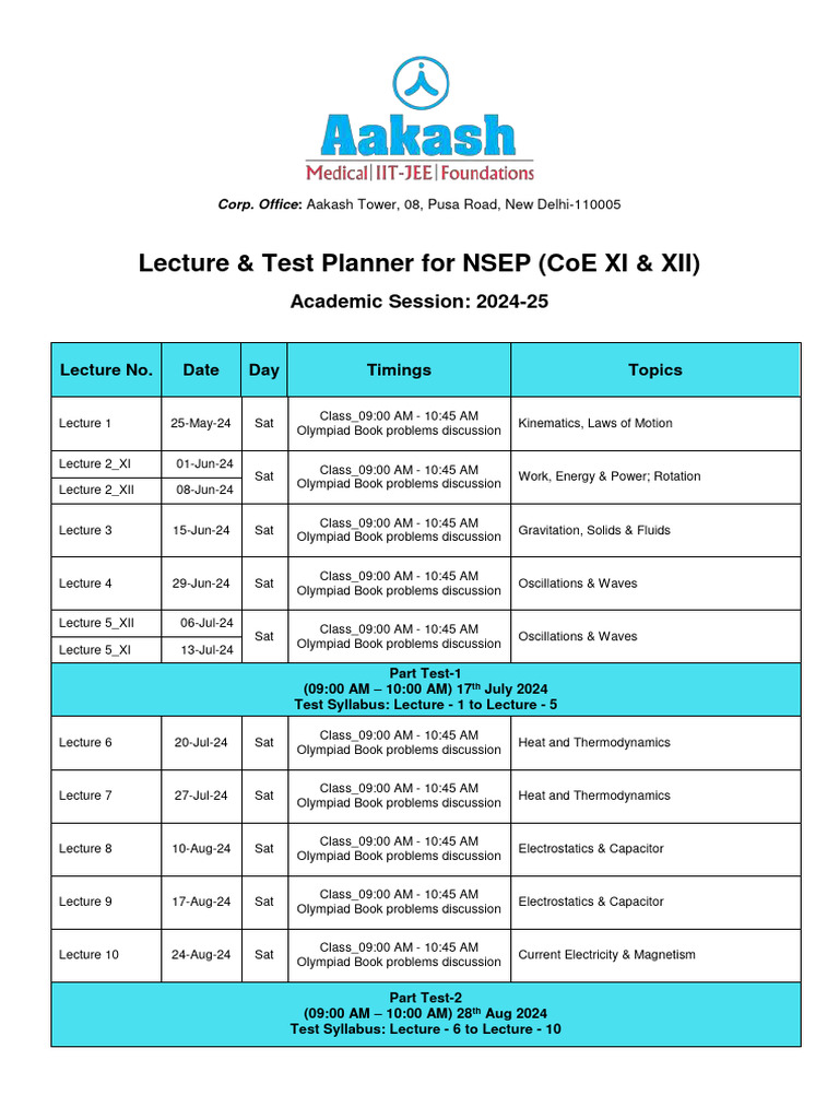 NSEP Lecture & Test Planner 2024-25 | PDF | Physics | Classical Mechanics
