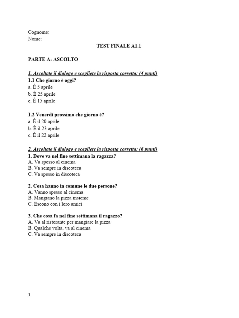 Test Finale A1.1 | PDF