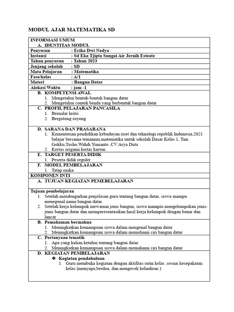 Modul Ajar Matematika Kelas 1 SD | PDF | Karier & Perkembangan | Seni ...