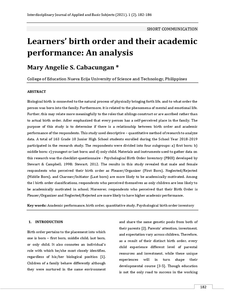 Birth Order's Impact on Academic Success | PDF | Psychology ...