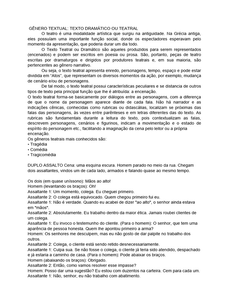 GÊNERO TEXTUAL_ TEXTO DRAMÁTICO OU TEATRAL | PDF