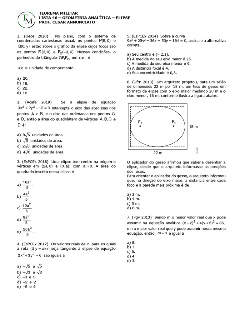 Exercícios Resolvidos sobre Elipse | PDF | Elipse | Sistema de ...
