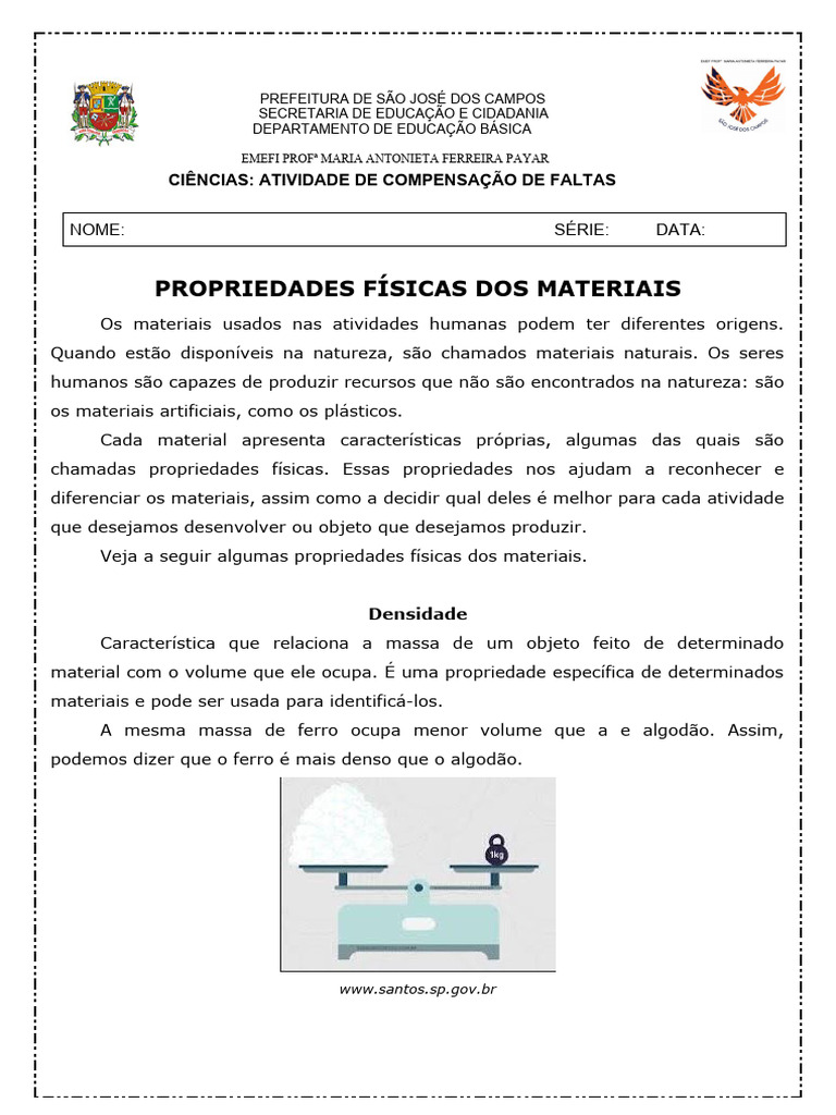 Atividade de Ciencias Propriedades Fisicas Dos Materiais 5 Ano | PDF ...