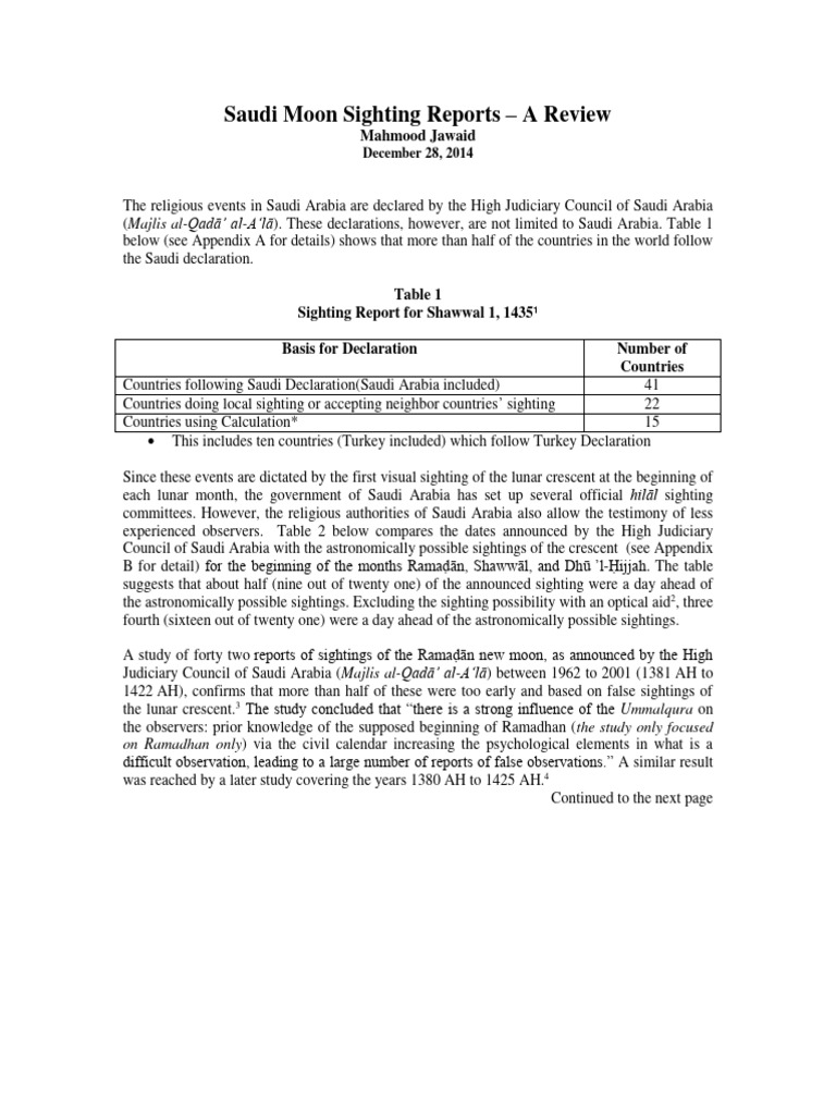 Saudi Moon Sighting Reports A Review | PDF