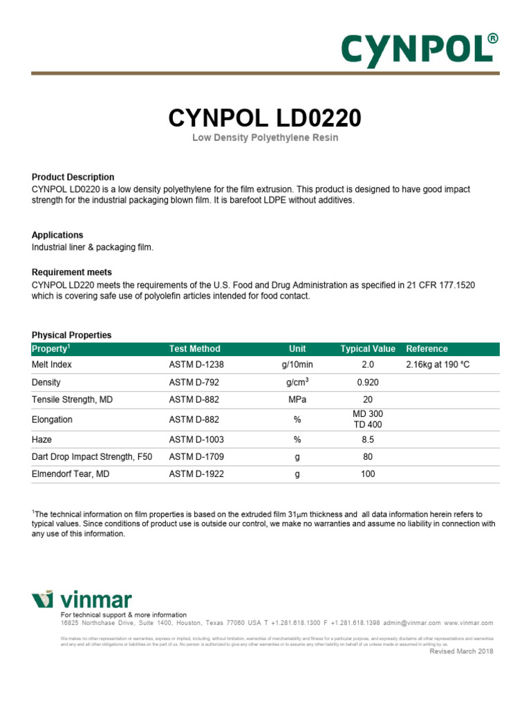 Cynpol LD0220 TDS | Download Free PDF | Extrusion | Materials