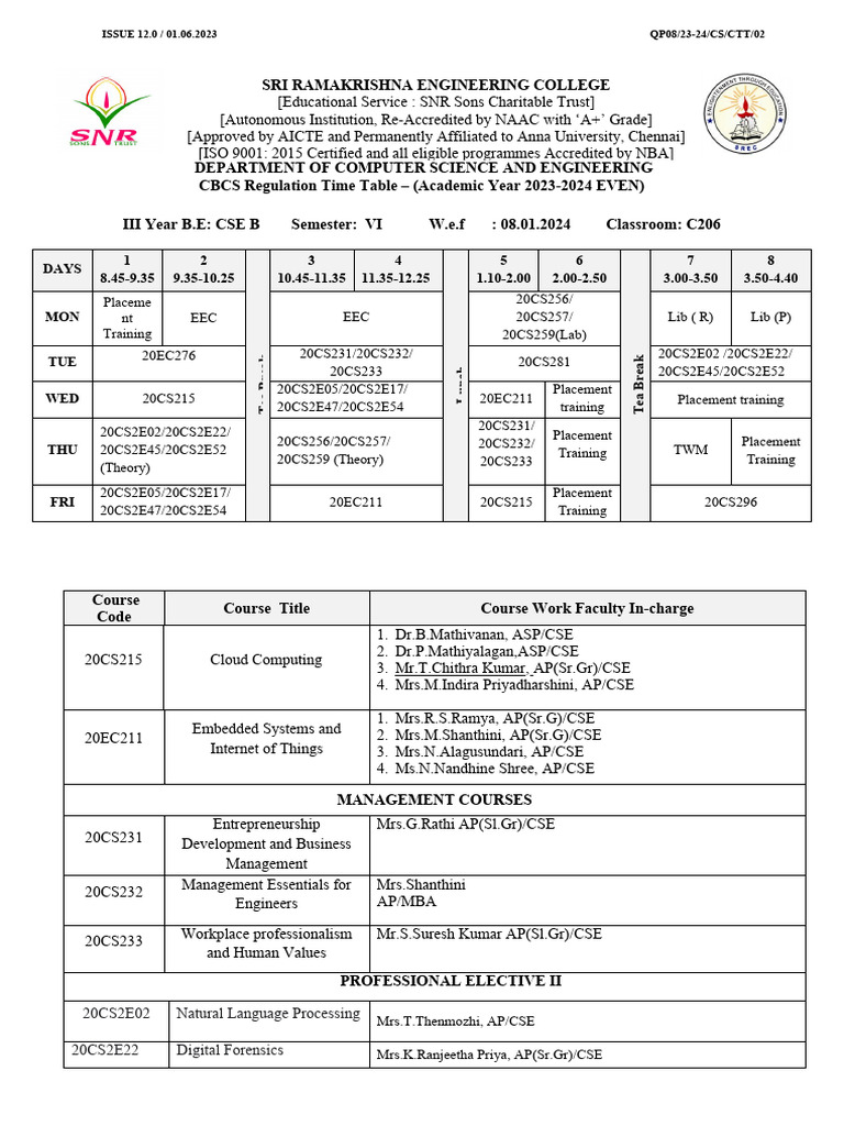 CSE 3rd Year Time Table 2024 | PDF | Computing | Engineering