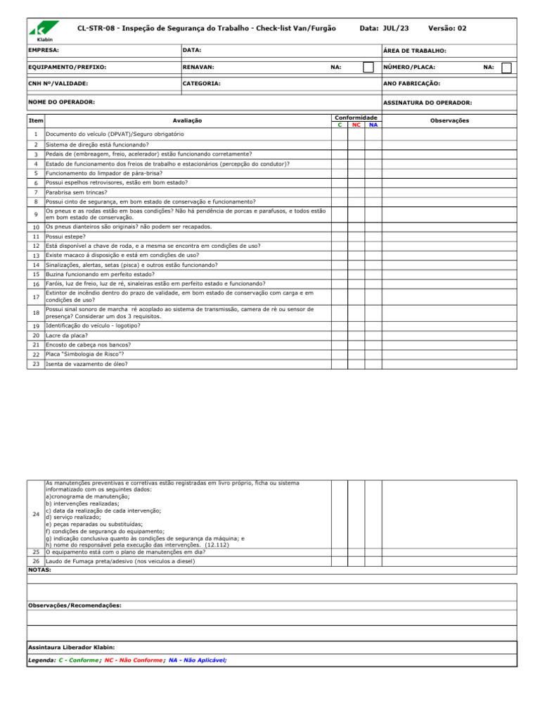 CL-STR-08 - Inspeção de Segurança Do Trabalho - Check-List Van - Furgão ...