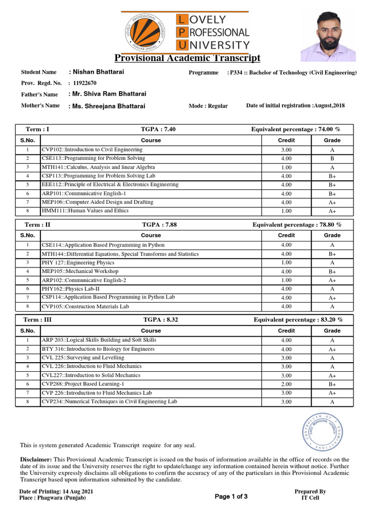 Provisional Academic Transcript: B.Tech Civil Engineering | PDF ...