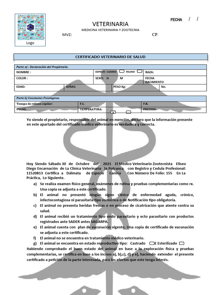 Certificado Veterinario de Salud | PDF | Medicina Veterinaria | Examen ...