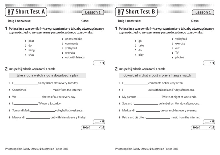 Brainy Klasa 4 Test Unit 7 Brainy 4 Short Tests Unit 7 Lesson 1-1 | PDF