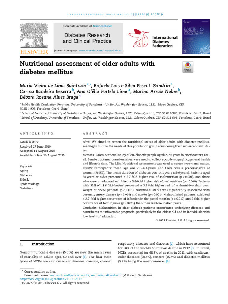 Nutritional Assessment of Older Adults With Diabetes Mellitus | PDF ...