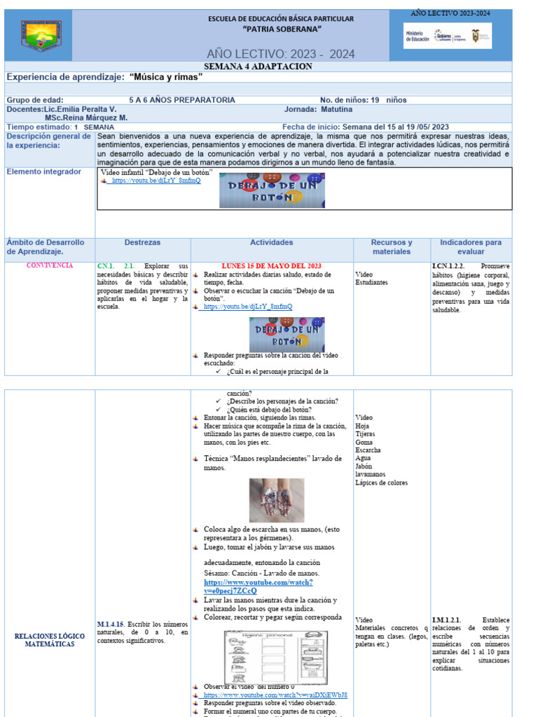 Planificacion Semana 4 Pdf Canciones Color