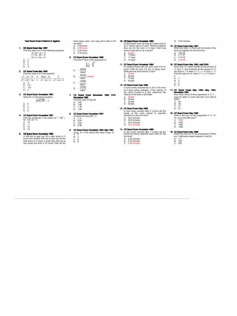 Past Board Exam Problems in Algebra | PDF | Mean | Speed