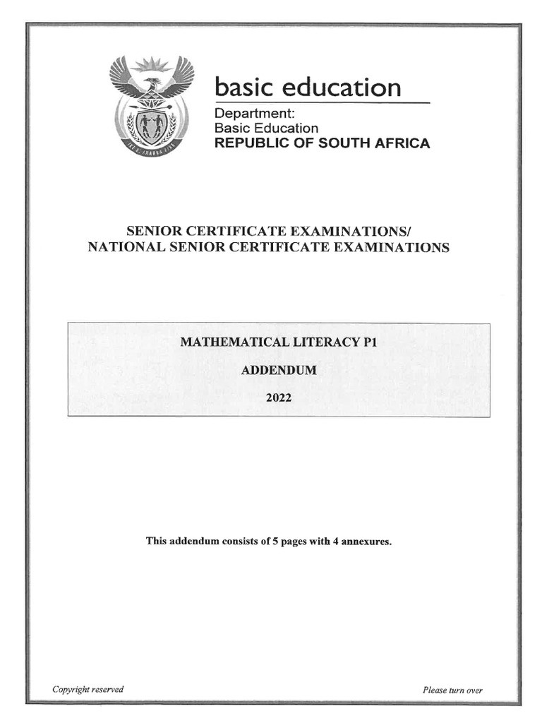 Mathematical Literacy P1 May-June 2022 Addendum Eng | PDF