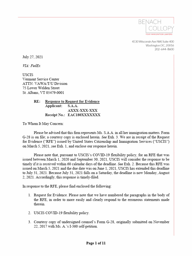 RFE Response Cover Letter for VAWA | PDF | Politics | Social Science