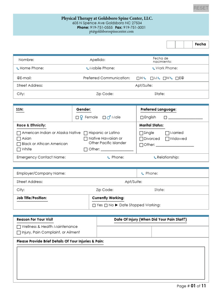 Goldsboro Spine Center Physical Therapy Form | PDF | Health Care ...